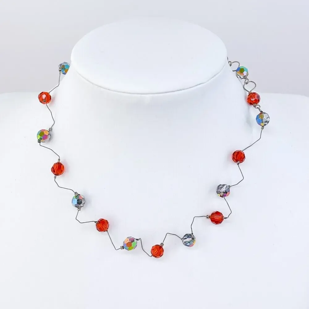 Vintage Sterling Silver 925 Red Crystal Bead Choker Up To 16"